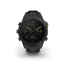 A black Garmin Marq Athlete (gen 2) Carbon Edition watch with yellow accents, featuring various dials and buttons.