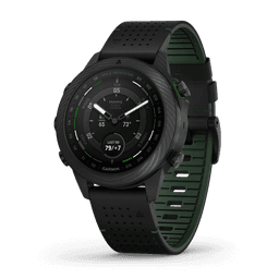 A black and green smartwatch with a round face, featuring various indicators and a textured strap, including a logo.
