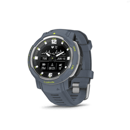 A grey Garmin Instinct Crossover watch with a digital display and a silicone strap, featuring a logo.