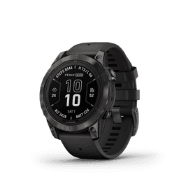 A black smartwatch with a round display, featuring various metrics and a durable band, and a logo on the side.