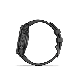 A Garmin Fenix 7 Pro Sapphire Solar Edition in black, featuring a rugged design and a silicone strap.