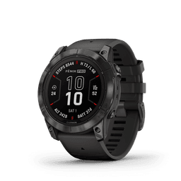 A black Garmin Fenix 7X Pro Sapphire Solar Edition smartwatch with a digital display showing various metrics.
