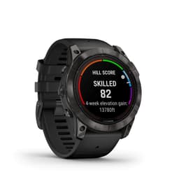 A black smartwatch with a circular display, featuring various metrics and a logo.