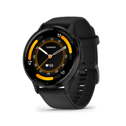A smartwatch with a black strap and a round face, featuring a vibrant orange and yellow interface, along with a logo.