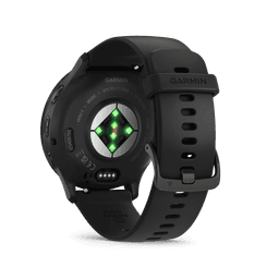 A smartwatch with a slate black strap and stainless steel bezel, featuring a green sensor on the back and a logo.