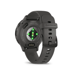 A smartwatch with a slate grey body and a silicone strap, featuring a metallic bezel and a logo on the back.