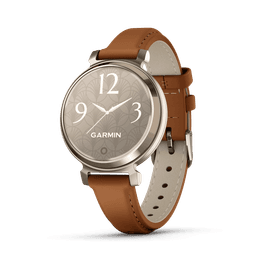 A smartwatch with a round face, brown leather strap, and a decorative patterned dial, featuring a branding logo.