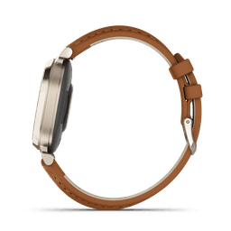 A side view of the Garmin Lily 2 Classic smartwatch featuring a gold-toned case and a brown leather strap.