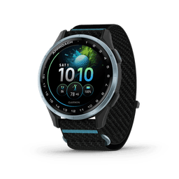 A smartwatch with a black and blue strap, featuring a round face displaying golf information and a logo.