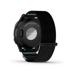 A black Garmin Approach J1 smartwatch with a textured strap and a prominent logo on the back.