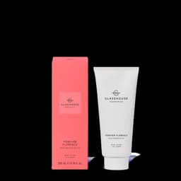 A pink and white packaging featuring a body lotion and a matching body wash, both named Forever Florence.
