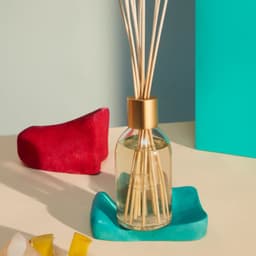 A glass diffuser bottle with bamboo reeds, set on a teal holder, surrounded by colourful decorative elements.