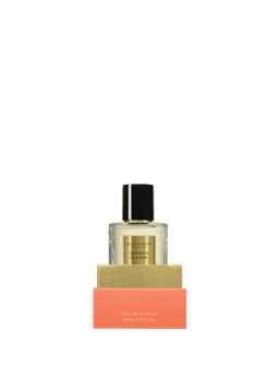 A perfume bottle with a transparent design, golden accents, and a peach and coral box, containing 50ml of Eau de Parfum.