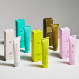 A collection of hand creams in various pastel tubes and corresponding boxes, including "Lost In Amalfi" in light blue.