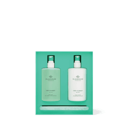 Two glass bottles of hand wash and hand lotion in a turquoise tray, labelled "Lost In Amalfi," with a logo.