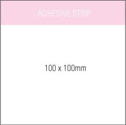 A white adhesive strip with dimensions of 100 x 100mm, featuring a simple design and branding at the top.