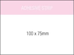 A notepad measuring 100 x 75 mm with a white background and pink header, featuring an adhesive strip.
