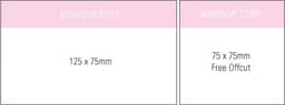 A notepad featuring a pink header, with dimensions of 125x75mm and 75x75mm, including an adhesive strip.