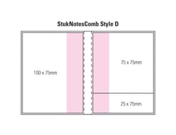 A diagram of a laminated combination pad featuring a four-colour cover with sections of varying sizes in pink and white.