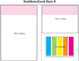 A notepad featuring a pink and white laminated cover with sections in various sizes and a set of film markers in rainbow colours.