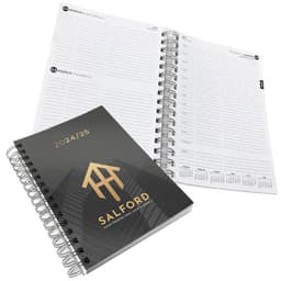 A4 wiro-bound diary with a printed black cover, featuring grey and white pages, 157 leaves, and a logo.