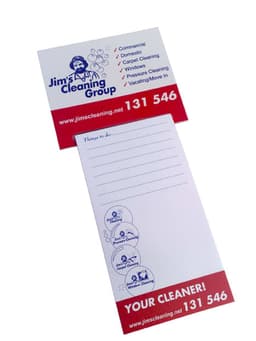 A magnetic shopping list pad in white with red accents, featuring sections for to-do items and a logo.