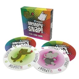A box of "Memory Snap!" game featuring colourful animal cards: alligator and elephant. Includes a branded logo.