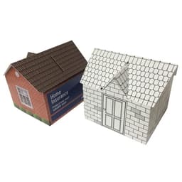A house-shaped money box featuring a red brick design and a white stone design, both with printed details and a logo.