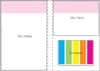 A notepad featuring a pink cover with a colourful striped section inside. Includes a logo.