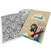 An adult mindfulness colouring book featuring intricate black and white patterns, a red pencil, and a branded cover.