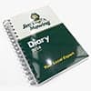 A5 wiro diary with a printed cover in green, featuring 157 leaves and a spiral binding. Includes a logo.