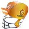 An orange novelty paper helmet with a visor and a white base. It features a logo on the side.