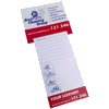 A magnetic shopping list pad featuring a white notepad with blue and red accents and a branding logo.