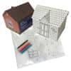 A house-shaped money box kit with a brown roof, transparent walls, and colourful markers for decorating.
