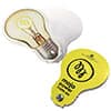 A yellow light bulb-shaped pad with a white backing, featuring a logo.