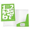 A green A4 presentation folder with a single pocket, featuring a white interior and a logo on the front.