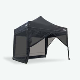 A black 3x3m gazebo featuring mesh walls, perfect for outdoor leisure activities. It has a logo on the side.