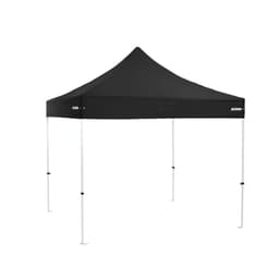 A black 3x3m premium steel gazebo with a peaked roof and white legs. It features an inconspicuous logo.