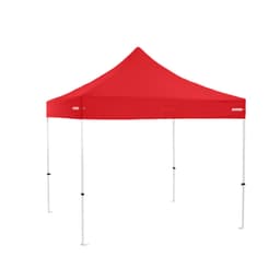 A red 3x3m premium steel gazebo with a pointed roof and white poles, featuring a logo.