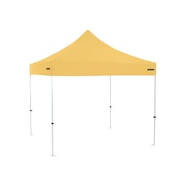 A yellow 3x3m premium steel gazebo with a peaked roof and sturdy white legs. It features a branding logo.