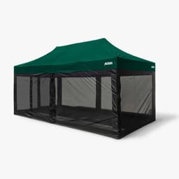 A 3x6m mesh wall kit marquee with a green canopy and black mesh sides, featuring a branding logo.