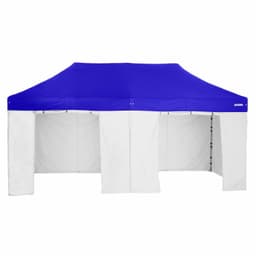 A marquee tent kit featuring a blue top and white side walls, suitable for events and exhibitions.