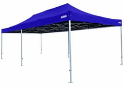 A blue 4x8m heavy-duty aluminium folding event marquee with a sturdy frame and a logo.