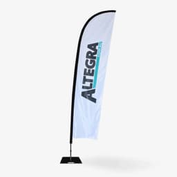 A large single-sided feather banner in white with black accents and a branding logo at the top.