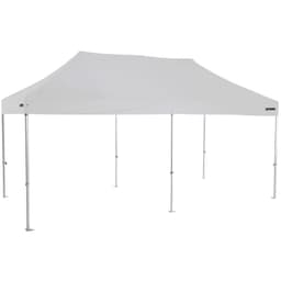A white heavy-duty aluminium folding event marquee with adjustable legs, featuring a simple design and a branding logo.