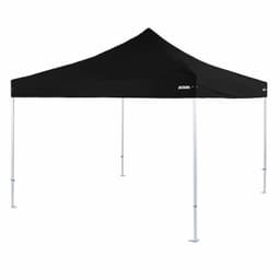 A black 4x4m heavy-duty aluminium folding marquee with a peaked roof and a branding logo.