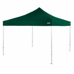 A green, heavy-duty aluminium folding marquee with a peaked roof and four sturdy legs, featuring a brand logo.