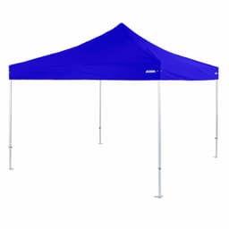 A blue heavy-duty aluminium folding marquee with a peaked roof and adjustable legs. It features a logo.