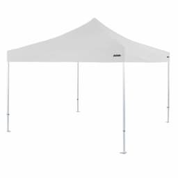 A white 4x4m heavy duty aluminium folding marquee with a sturdy frame and a branded logo.