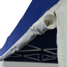 A blue gazebo door wall with a white zipper detail, featuring a logo on the fabric.